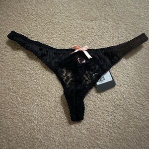Agent Provocateur Black Lace Thong with Pink Bow